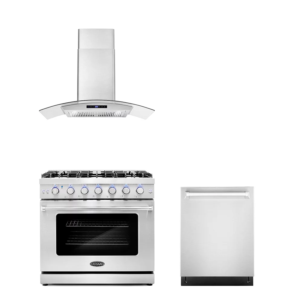 Cosmo 3 Piece Kitchen Appliance Packages with 36" Freestanding Gas Range Kitchen Stove 36" Wall Mount Range Hood & 24" Built-in Fully Integrated