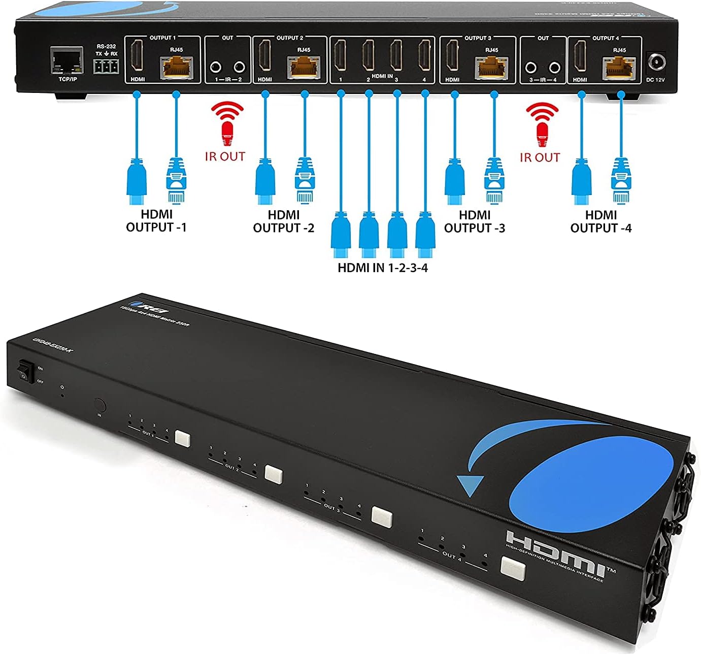 4K 1x8 HDMI Extender Splitter by OREI Multiple Over Single Cable CAT6/7 4K@60Hz 4:4:4 HDCP 2.2 with IR Remote EDID Management - Up to 115 Ft