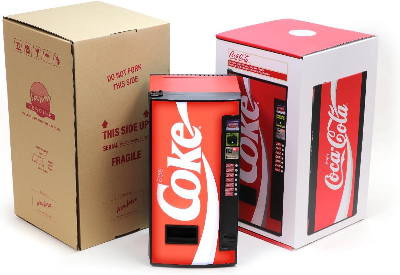 Coca-Cola Classic Replica Vending Machine Mini Fridge, 1/6 Scale, Holds 2 Cans or 1 Bottle, Dispenses Mini Can Prop, for Bedroom, Office Desk
