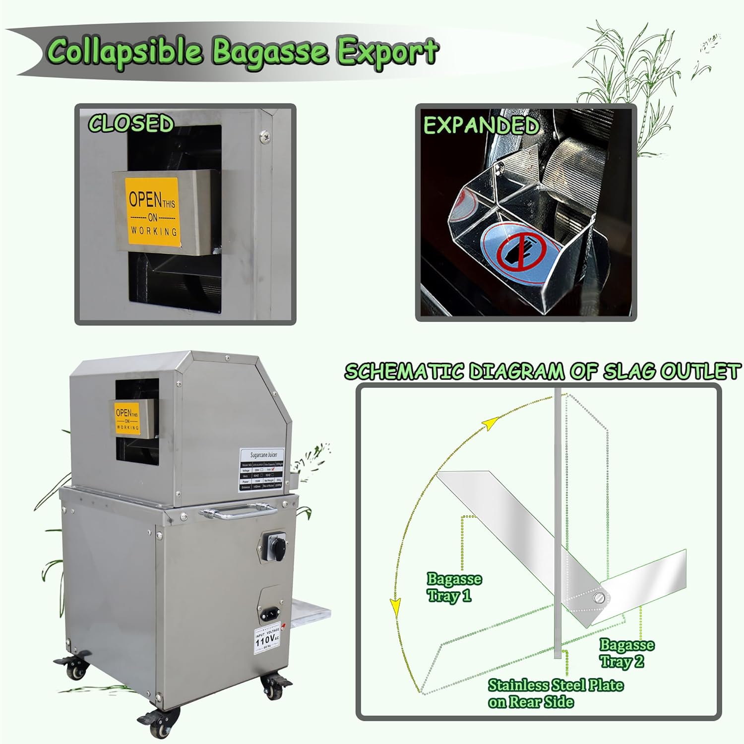 Commercial Sugar Cane Press Juicer Machine with Cleaning Port 304 Stainless Steel Rollers Three Rollers Sugarcane Juice Extractor for Commercial Home