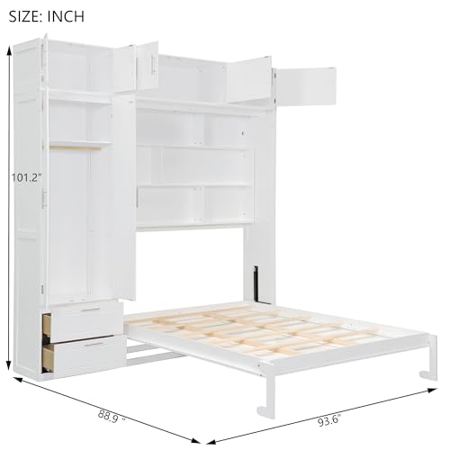 Merax Queen Size Murphy Bed with Top Cabinet, Shelves and Wardrobe, Fold into The Wall, Multifunctional Foldable Platform Bed Frame for Bedroom