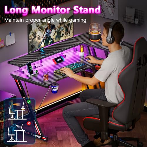 55 Inch Gaming Desk with Power Outlet & LED Lights, L Shaped Gamer Computer Table with Storage Shelves for Bedroom, Corner Home Office Desk