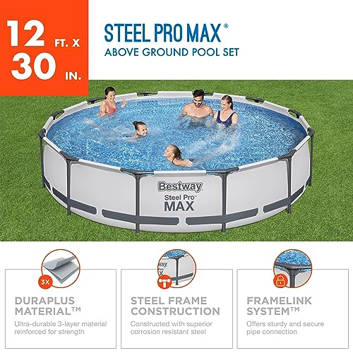 Bestway Steel Pro MAX 12 Foot by 30 Inch Round Above Ground Swimming Pool Set Outdoor Metal Frame Family Pool with Filter Pump, Gray