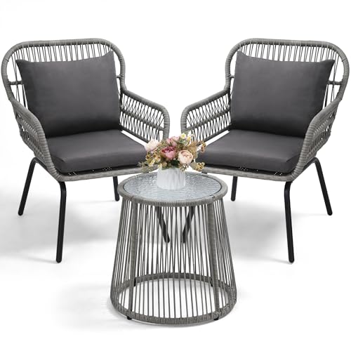 3 Piece Rattan Wicker Bistro Set, Outdoor Conversation Furniture Set with Glass Top Table, Space Saving for Balcony, Backyard, Natural