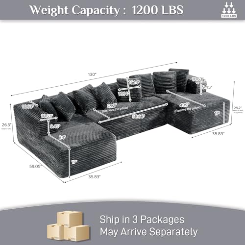 131" Modular Sectional Sofa Cloud Couch, Corduroy Memory Foam Black Sectional Couches for Living Room, Modern Deep Seat Boneless Sofa