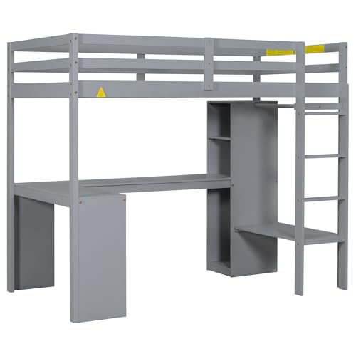 SOFTSEA Full Size Loft Bed with Desk & Wardrobe, Wood Loft Bunk Bed with Storage Shelves and Cabinets