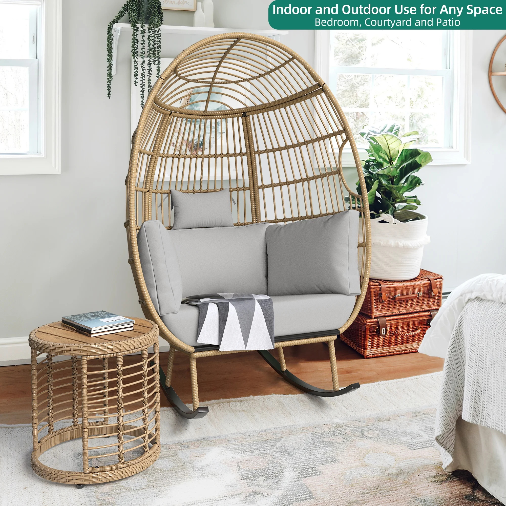 Dextrus Indoor Outdoor Rocking Egg Chair, Wicker Patio Rocking Basket Chair with 385lbs Capacity, All-Weather Oversized Egg Lounger Chair - Grey