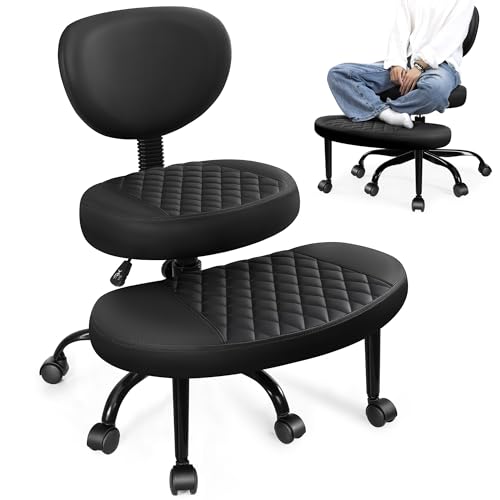 Ergonomic Cross Legged Office Chair with Wheels - Adjustable Height for Meditation, ADHD Desk & Yoga - Wide Criss Cross Design with Lumbar Support