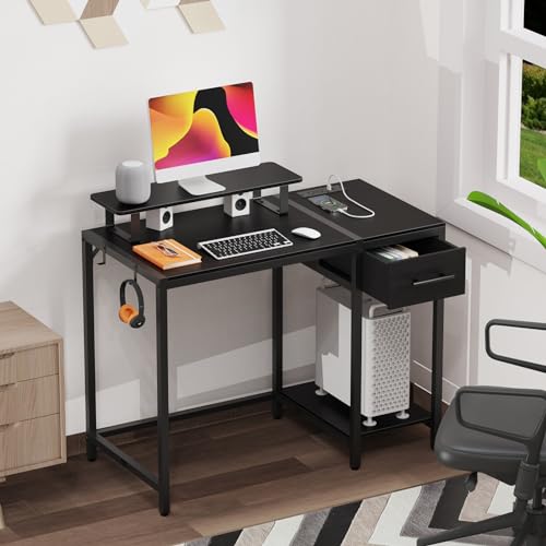 Computer Desk with Drawers, 55 inch Office Desk with Storage and Monitor Stand,Gaming Desk with LED Light and Power Outlet, Work Desk for Home Office