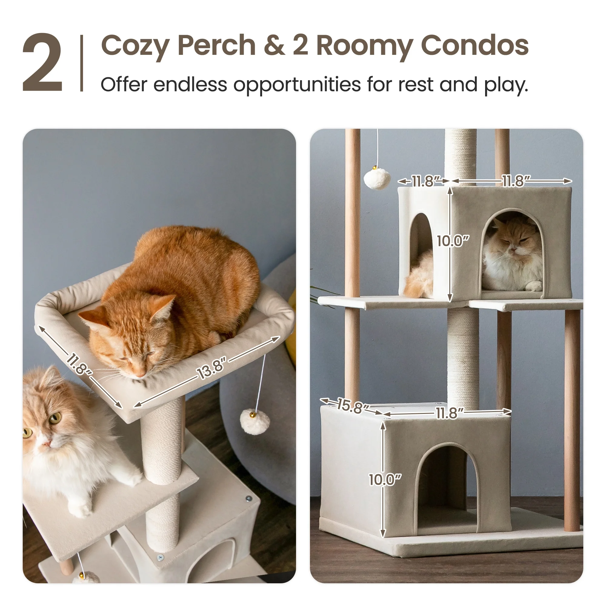 MWPO Modern Cat Tree Multi-Level Wood Cat Tower with 2 Condos and Perch, Beige