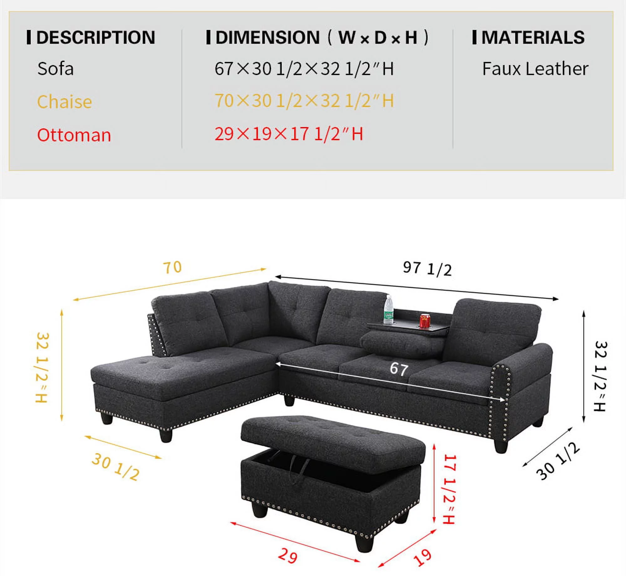 PonLiving Furniture Mulrey Sleeper Sectional with Storage Ottoman, Right & Left Hand Facing Mulrey Sleeper Sectional with Storage Ottoman
