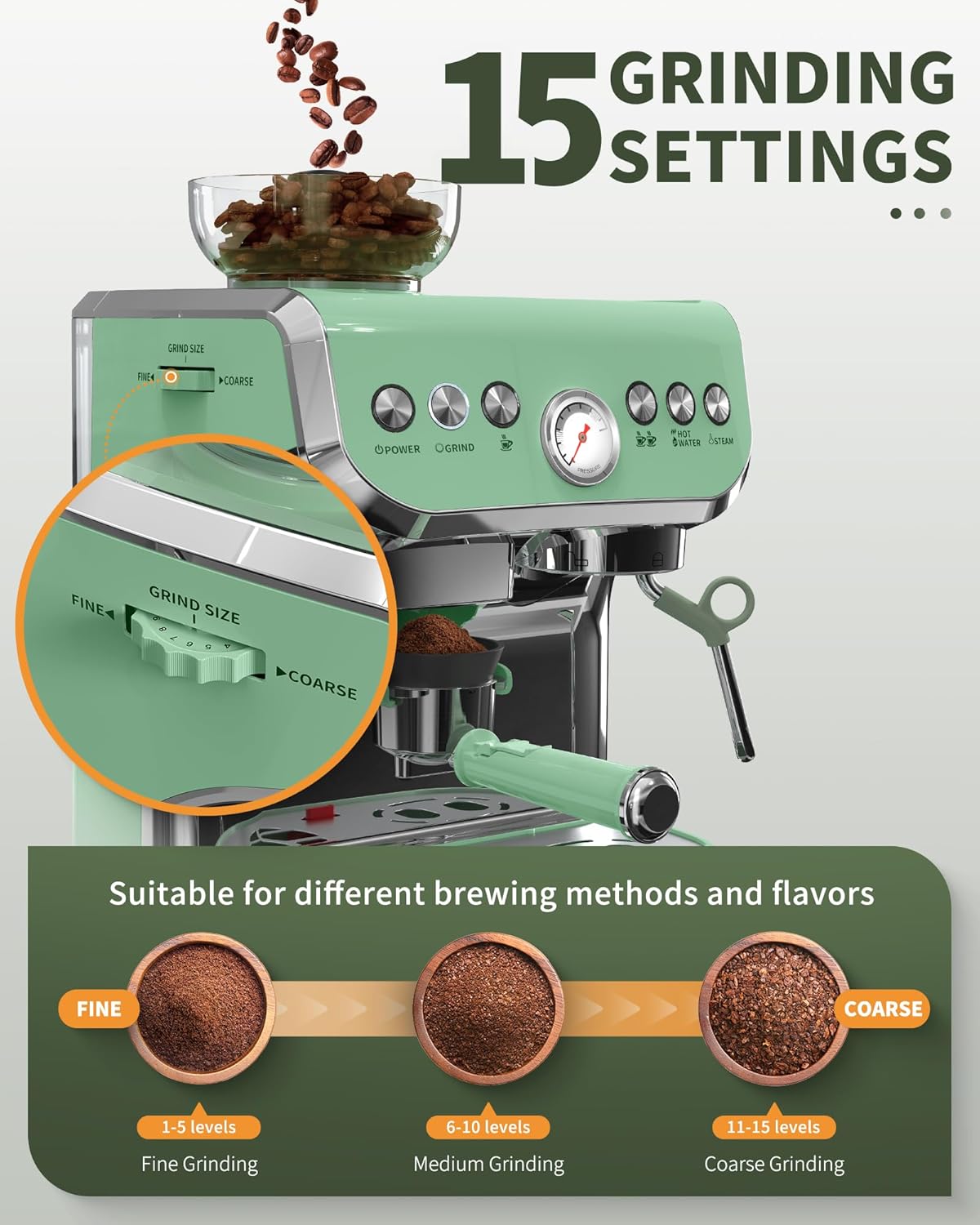 Amaste Espresso Machine with Grinder, 15 Bar Espresso Machine with Steam Wand for Latte and Cappuccino, 68Oz Water Tank, Pre-Infuse Brewing