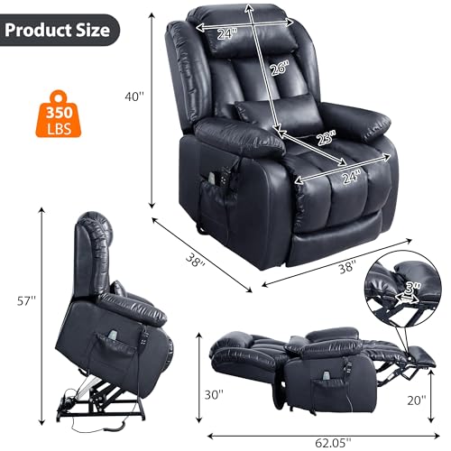 EDILLY Large Genuine Leather Power Lift Recliner Chairs for Elderly, Dual Motor with Massage and Heating,Double Lumbar Cushion and Extended Footrest