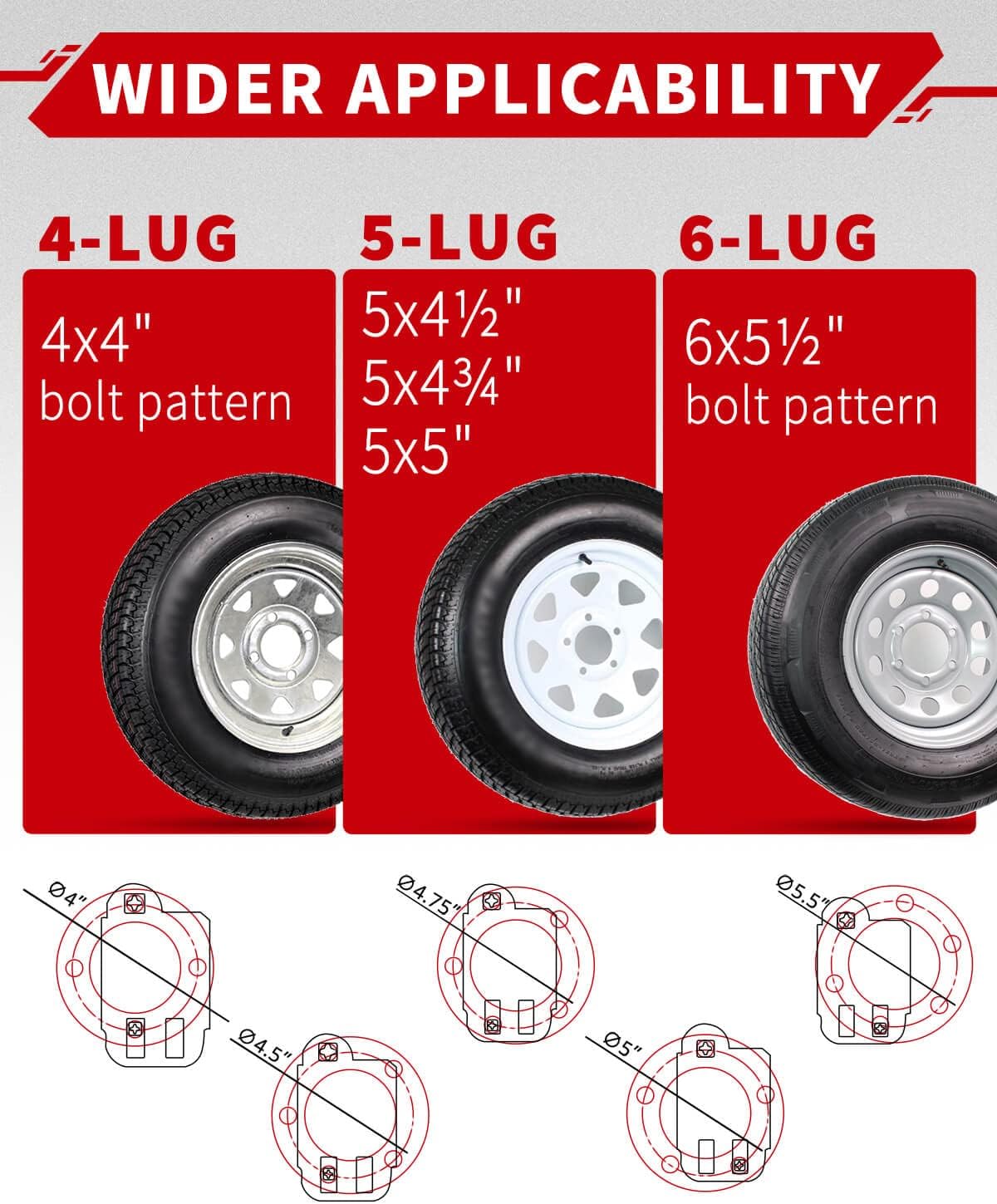 SPARKWHIZ Trailer Spare Tire Mount: 4 & 5 & 6 Lugs Spare Tire Carrier for Boat Trailer, Fits 4", 4.5", 4.75", 5" and 5.5" Bolt Patterns Tire