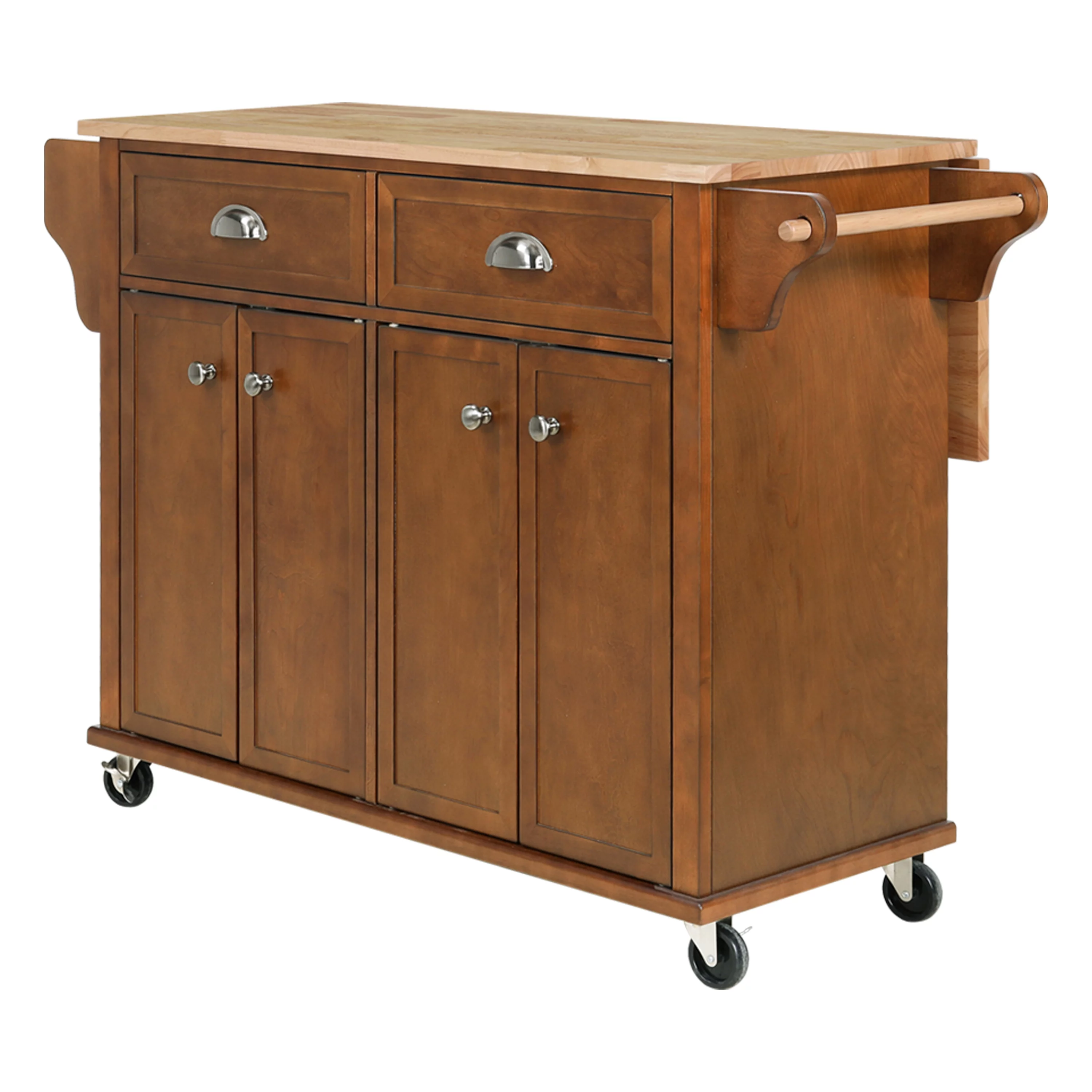 Rolling Kitchen Island Cart with Large Storage Cabinet on Wheels, Solid Rubberwood Countertop with Drop Leaf, Greenguard Gold Certified, 4-Droors