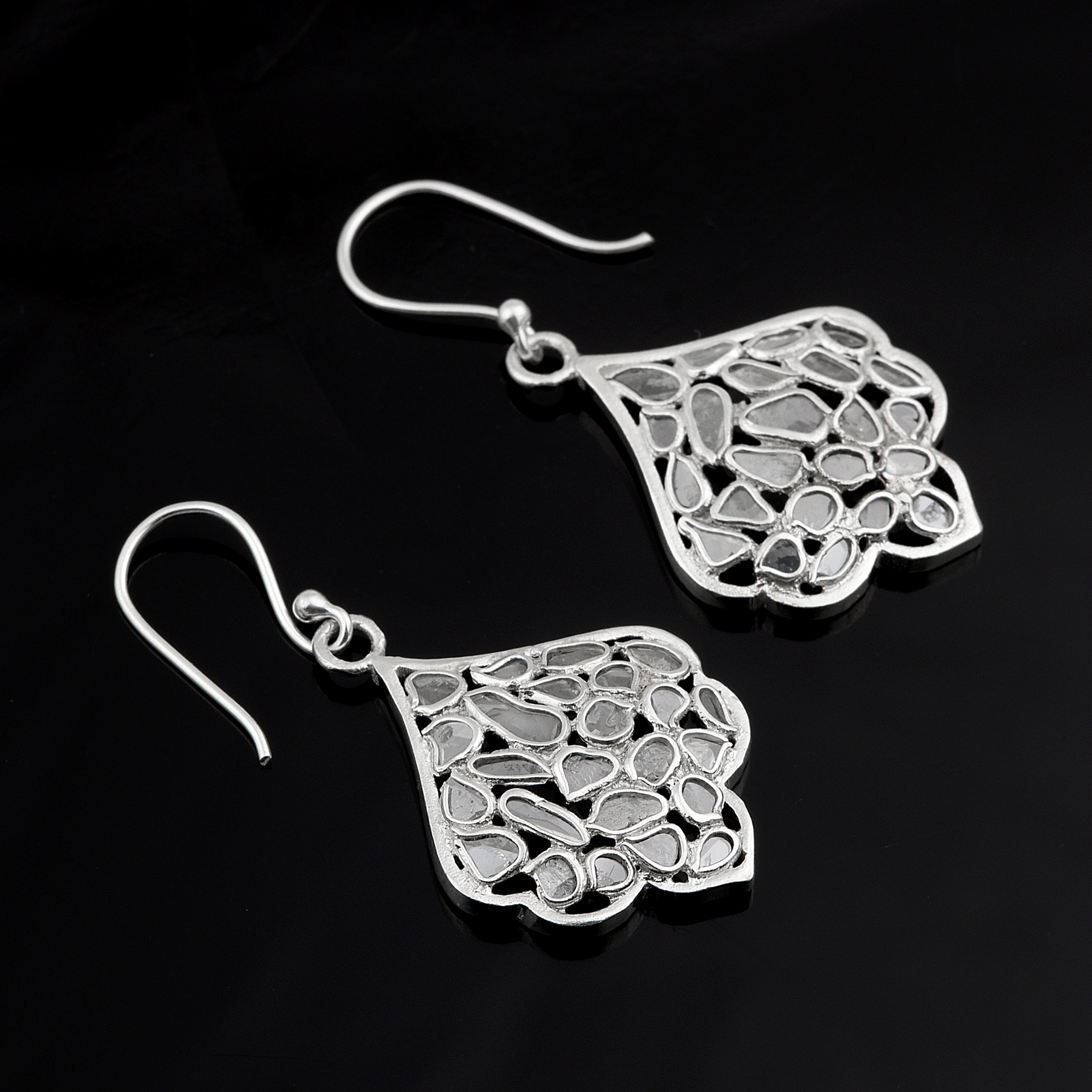1.00 CTW Natural Diamond Polki Leaf Dangles 925 Sterling Silver Platinum Plated Slice Diamond Earrings