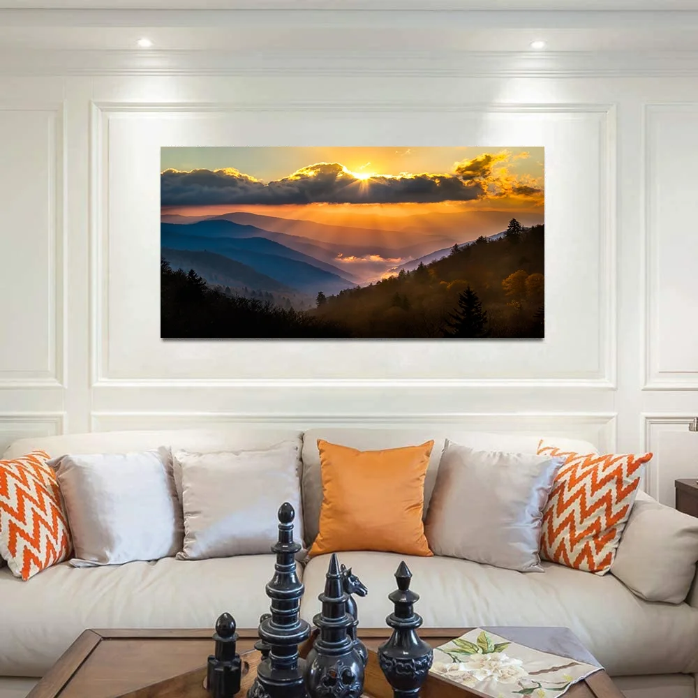 Smoky Mountain Wall Art Sunrise Over Blue Ridge Mountains Scenic Painting Gallery Wrapped Canvas Art Ready to Hang