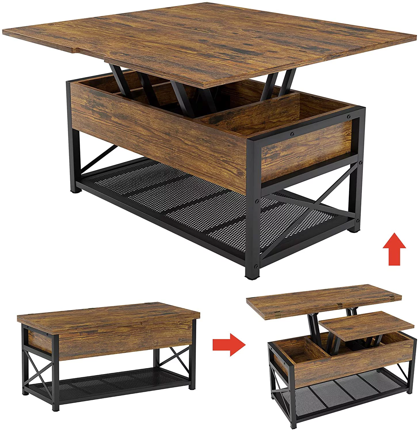 3 in 1 Multi-Function Coffee Table, Lift Top Coffee Table with Storage for Living Room, Rustic Brown - Curated Treasures Market