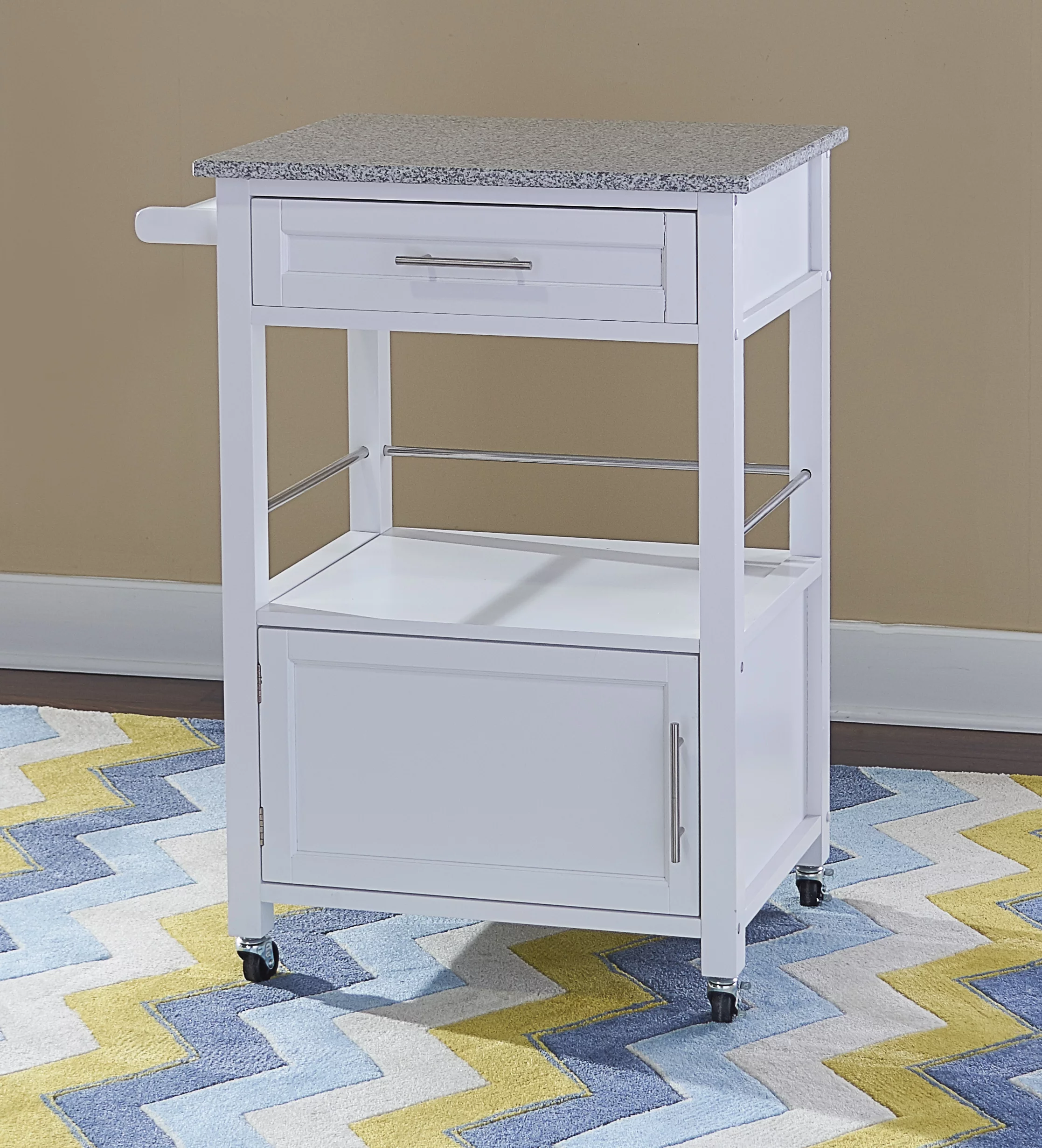 Linon Mitchell Wood Granite Top Kitchen Cart in White