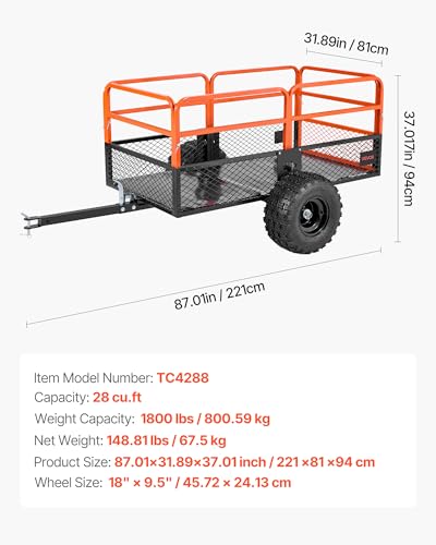 VEVOR Heavy Duty ATV Dump Cart - Steel Tow Behind trailer, 750 lbs, 15 Cubic Feet Garden Utility with Removable Sides