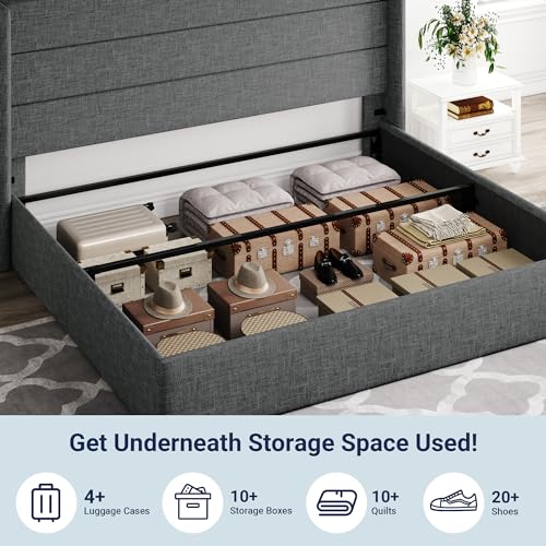 Allewie Full Size Lift Up Storage Bed, Modern Wingback Headboard, Hydraulic Support, No Box Spring Needed, Light Beige