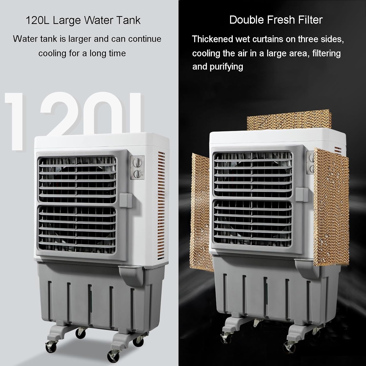 Commercial Evaporative Air Cooler Fan, 3-in-1 Swamp Cooler with 120L/26 Gal Water Tank, 3 Speeds, Household Cooler