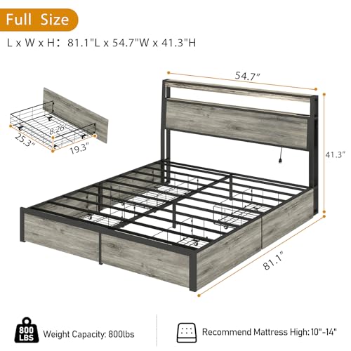 SADENICEL Queen Bed Frame with Storage Headboard and 4 Drawers, Metal Platform Bed Frame with LED Light, Charging Station, No Box Spring Needed