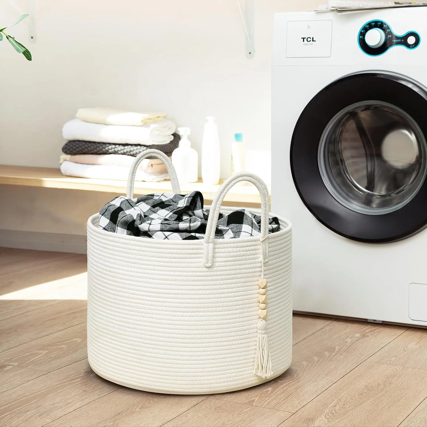 Large Laundry Basket Decorative White Basket for Blankets, Baby Storage Basket for Nursery, Living Room, Bedroom, Big Rope Hamper 17.7 x 12.6 Inches