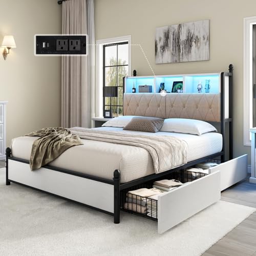 AMERLIFE Full Size Bed Frame with Bookcase Headboard, 4 Storage Drawers, Wooden Platform Bed with Charging Station & LED Light, No Box Spring Needed