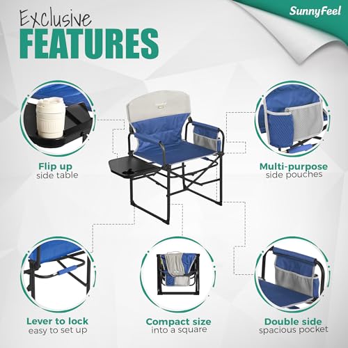 SUNNYFEEL Oversized Camping Directors Chair 2 Pack, Portable Folding Lawn Chairs for Adults Heavy Duty with Side Table,Pocket for Beach, Fishing