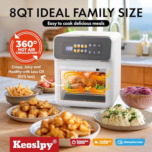 Air Fryer Oven, 8Qt Air Fry 8 Presets, Crispy Top, Bake, Grill Steaks, Bread, Bake Pizzas, French Fries, Reheats, Quick Meals, Digital Timer