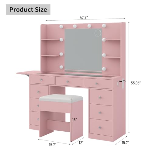 Vanity Desk & Power Outlet, Makeup Vanity with Mirror and 10 LED Lights, 3 Lighting Modes Brightness Adjustable