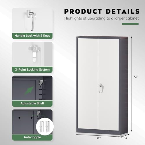 Greenvelly Steel SnapIt Storage Cabinet 72" Locking Metal Garage Storage Cabinet with 4 Adjustable Shelves, 2 Doors and Lock for File, Office, Garage