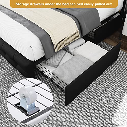Queen Bed Frame with 4 Storage Drawers and Adjustable Headboard, Upholstered Platform Bed with Button Tufted Design, Strong Wooden Slats Support
