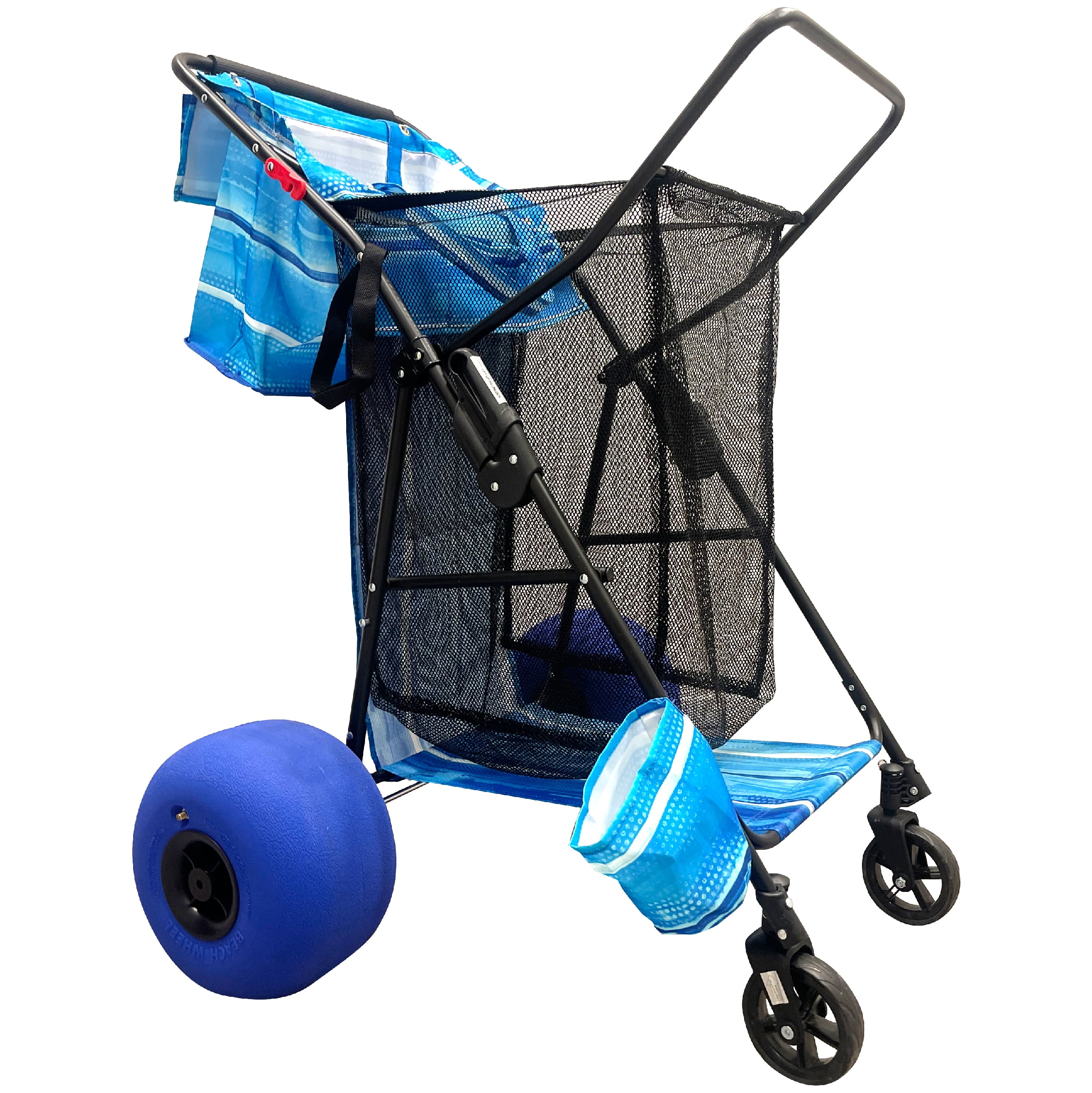 Beach Cart Balloon Wheel Deluxe Heavy Duty Folding Ocean Utility 13 x 7 Sand Wheels Holds 4 Folding Chairs Umbrella Holder Removable Beach Bag Blue
