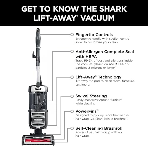 Shark UV730 Navigator Lift-Away Upright Vacuum, PowerFins HairPro Self-Cleaning Brushroll, HEPA Filter with Anti-Allergen Technology, LED Headlights