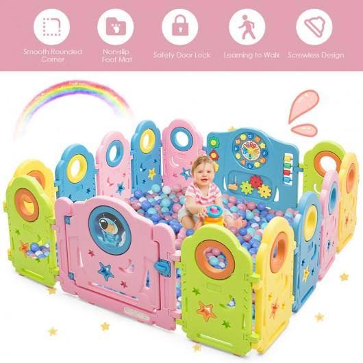 14 Panel Kids Activity Center Baby Playpen with Gate