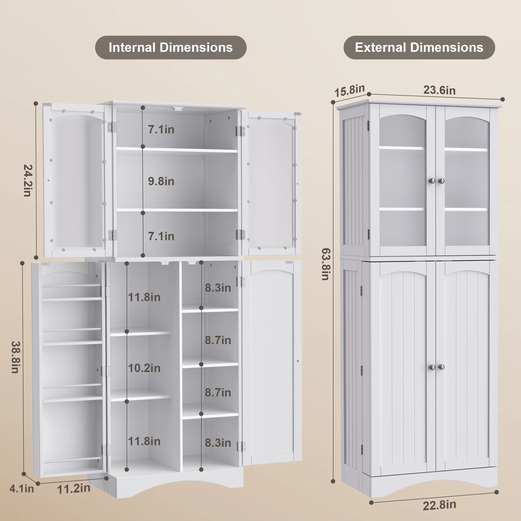 Aiho 64" H Tall Kitchen Pantry Storage Cabinet with Glass Door, White