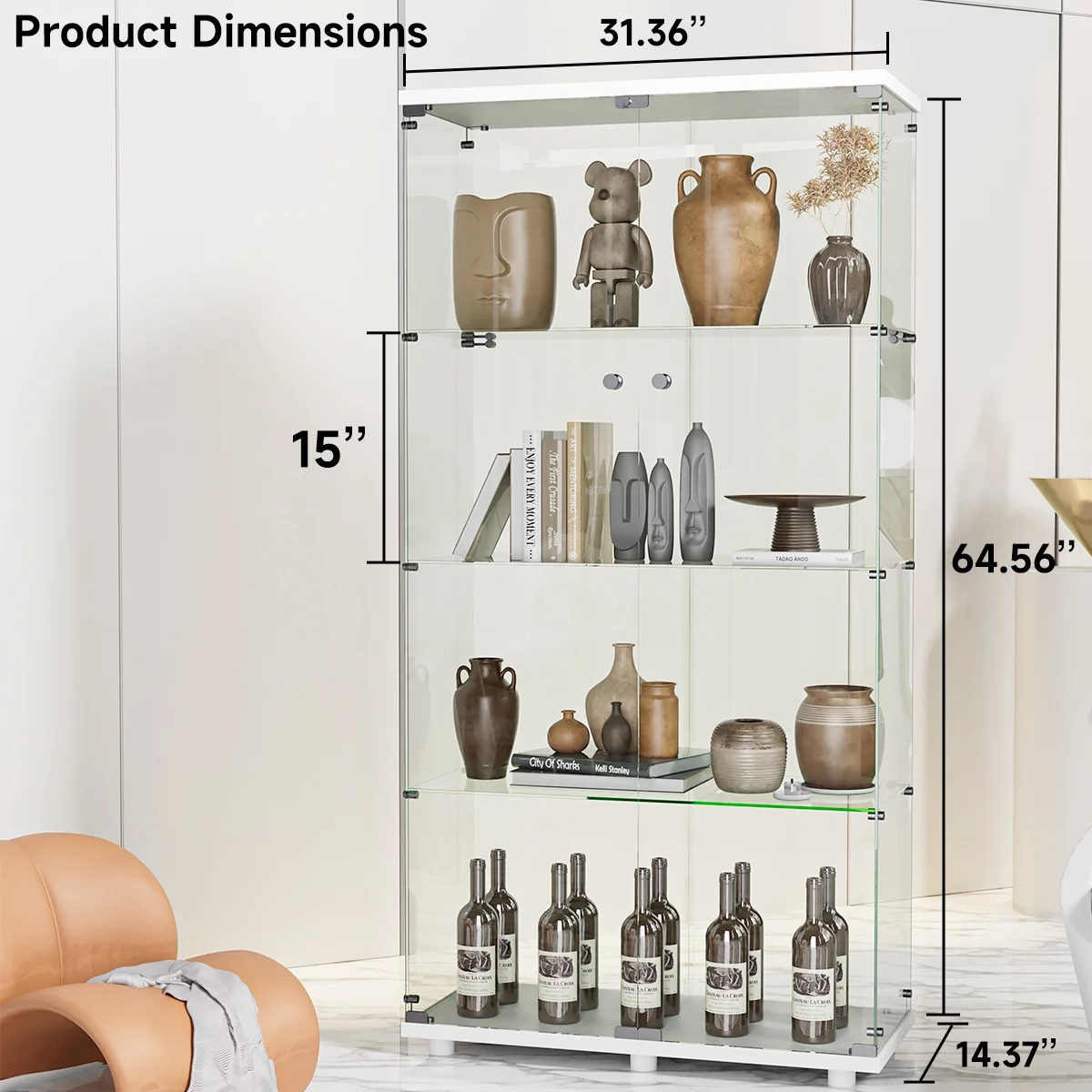 Two-door Glass Display Cabinet, Fast Installation in 50 Mins, Glass Curio Cabinets Bookshelf Display Case for Living Room Bedroom Kitchen