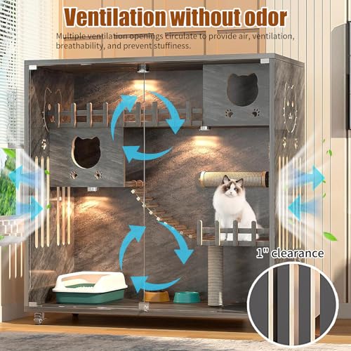 Enclosed Cat Condo, Large Space Cat Cage with Scratching Post, Wooden Indoor/Outdoor Cat Enclosure, Multi-Feature Cat Houses Ventilation Glass Doors