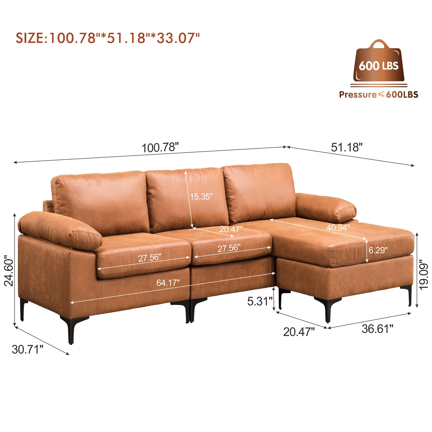 Ovios 100" Convertible Sectional Sofa,3-seat L Shaped Couch with Suede Fabric,Reversible recliner& Chaise for Small Space