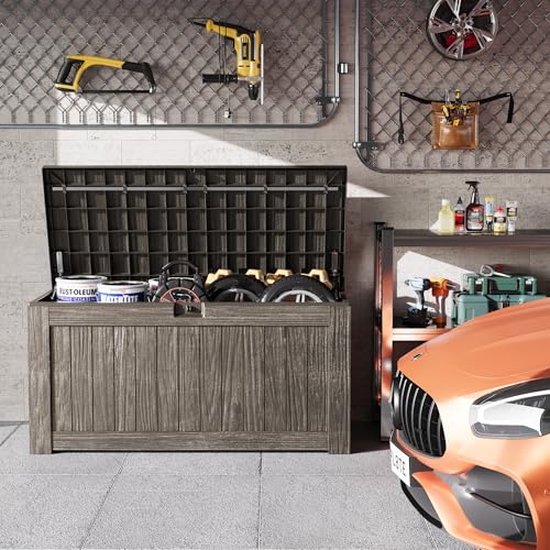 Greesum 120 Gallon Outdoor Storage Box with Lock - Large Resin Deck Box, Reinforced Lid for Garden, Patio, Lawn, Black