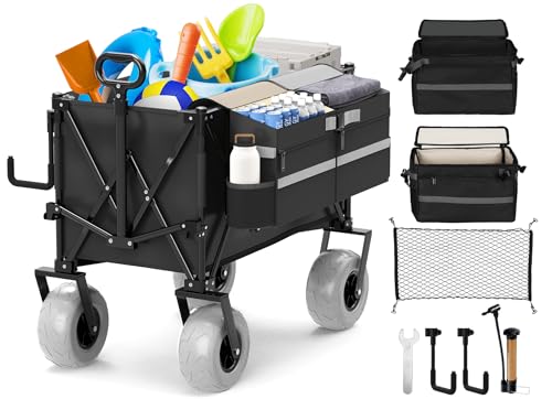 Beach Wagon with Big Wheels for Sand,Heavy Duty Collapsible Wagon with All-Terrain 9" Pneumatic Tires and Detachable Cooler