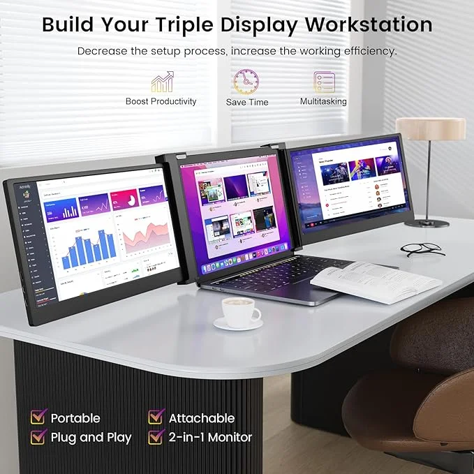 LIMINK Portable Triple Monitor, 14" FHD HDR IPS Screen Extender for 15-17" Laptop, Tri Screen Monitor Workstation, Plug&Play
