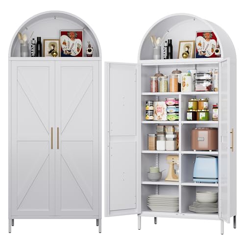 Tall Kitchen Pantry Cabinet, Metal Display Storage Cabinets with 4 Doors/2 Drawers for Kitchen Home Office Living Room, Assembly Required