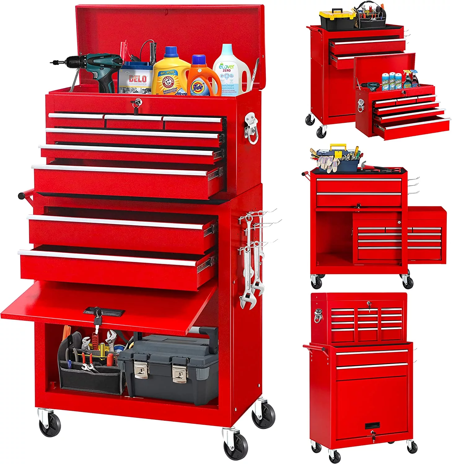 2-IN-1  Tool Chest & Cabinet, Large Capacity 8-Drawer Rolling Tool Box Organizer with Wheels Lockable Craft, Black