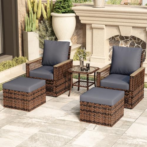 MELLCOM 4 Pieces Patio Furniture Set, Outdoor Wicker Chairs with Ottomans