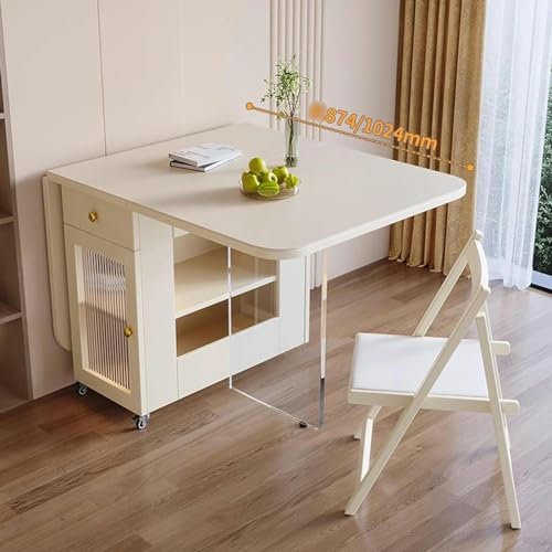 Folding Dining Table with Storage Rack, Drawers, Acrylic Table Legs and Slate Tabletop