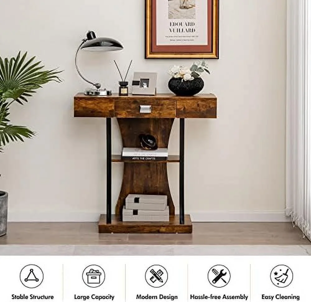 WTYNKAE 3-Tier Console Table  Narrow Sofa Table with  Drawer  Open Shelves &amp