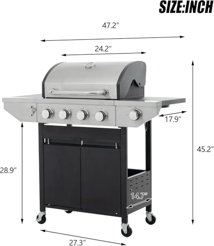 4-Burners Propane Gas Grill with Side Burner, Outdoor Stainless Steel BBQ Grill Built-in Thermometer
